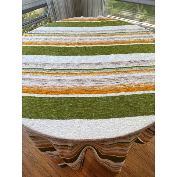 Vintage 70s curtain, orange, green, tan horizontal stripes,  rod heading - Picture 5 of 10